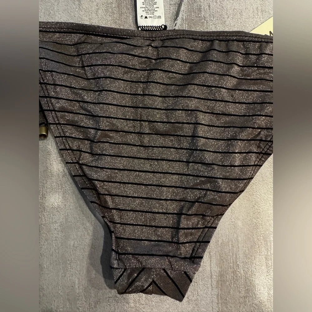 VITAMIN A ADJUSTABLE‎ TIE SIDE CHEEKY BIKINI BOTTOM Shimmer Metallic Stripe L/10